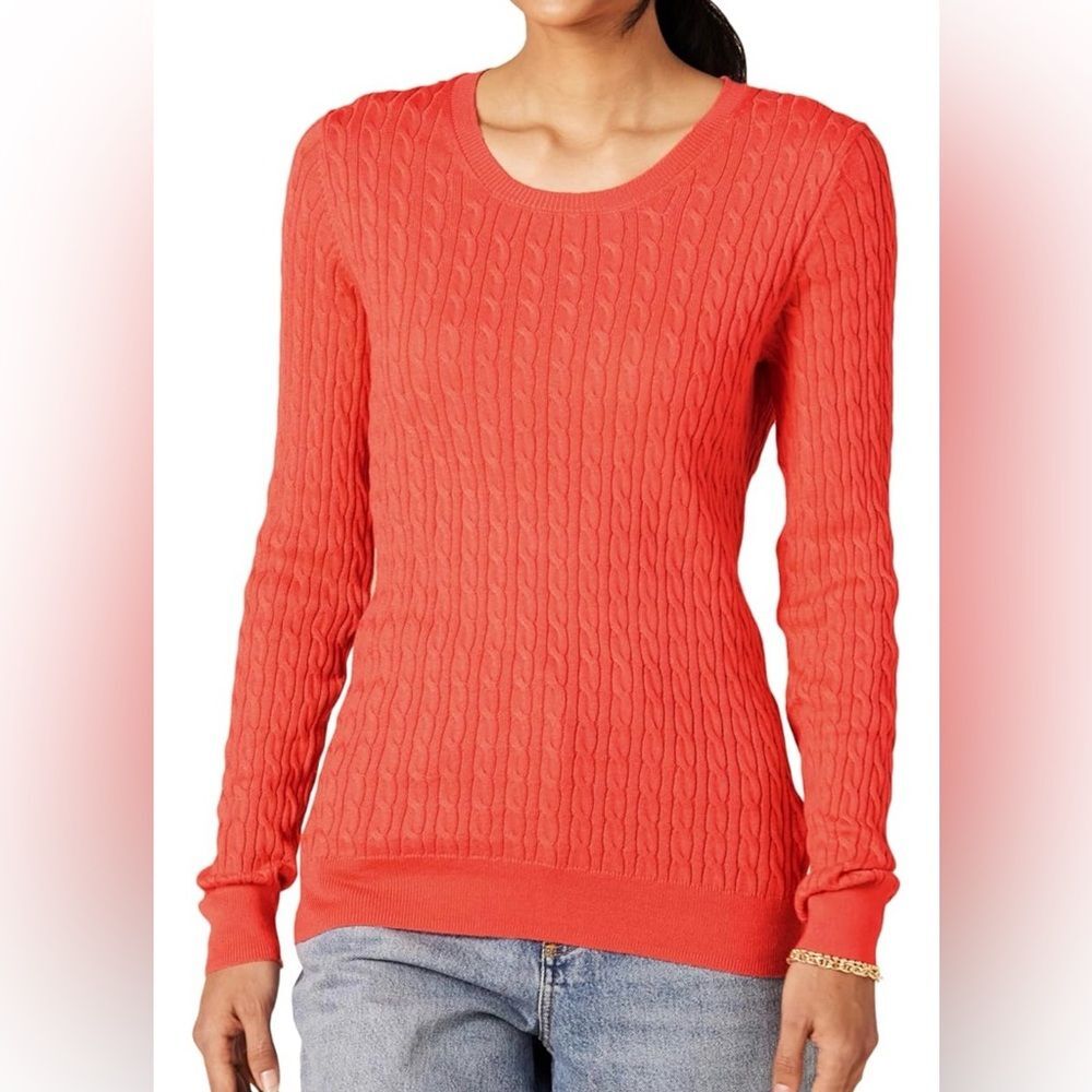 Amazon Essentials Salmon Coral Cable Knit Crew Neck Sweater Women’s Size S